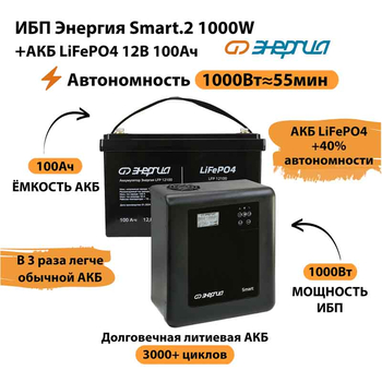 ИБП Энергия Smart.2 1000W + Аккумулятор LiFePO4 12v-100Ah (1000Вт-55мин) - ИБП и АКБ - ИБП Энергия - ИБП на 1 кВА - Магазин электрооборудования для дома ТурбоВольт